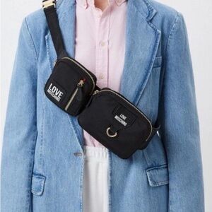Love Moschino Black Double-Pouch Crossbody Belt Bag with Gold Hardware